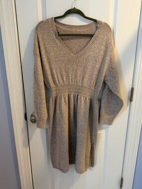 V-Neck Knit Sweater Dress in Taupe